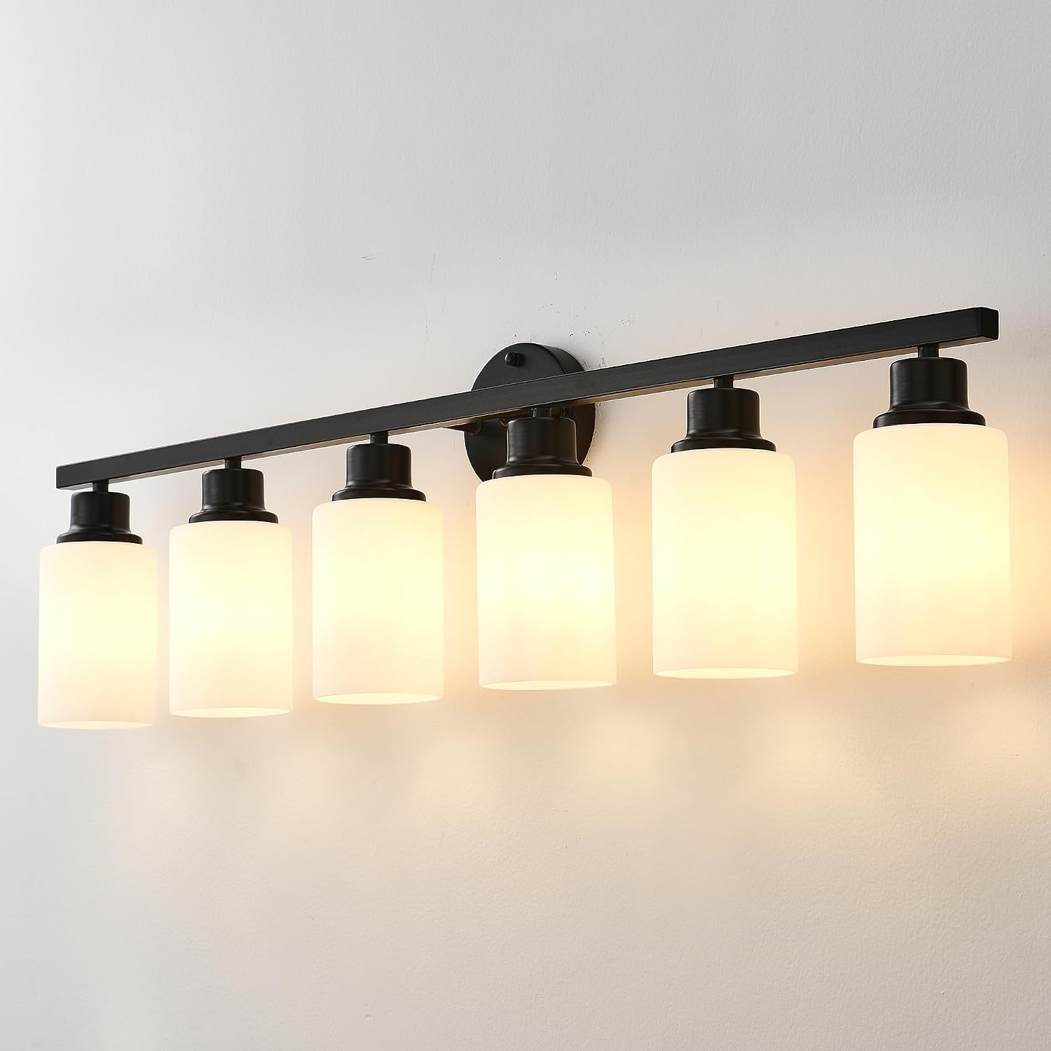 6-Light Matte Black Bathroom Vanity Light Modern Black Bathroom Light Fixtures Over Mirror Vintage Vanity Wall Sconce Light With White Glass Shade Wall Lamps For Living Room Bedroom Bulbs Not Included