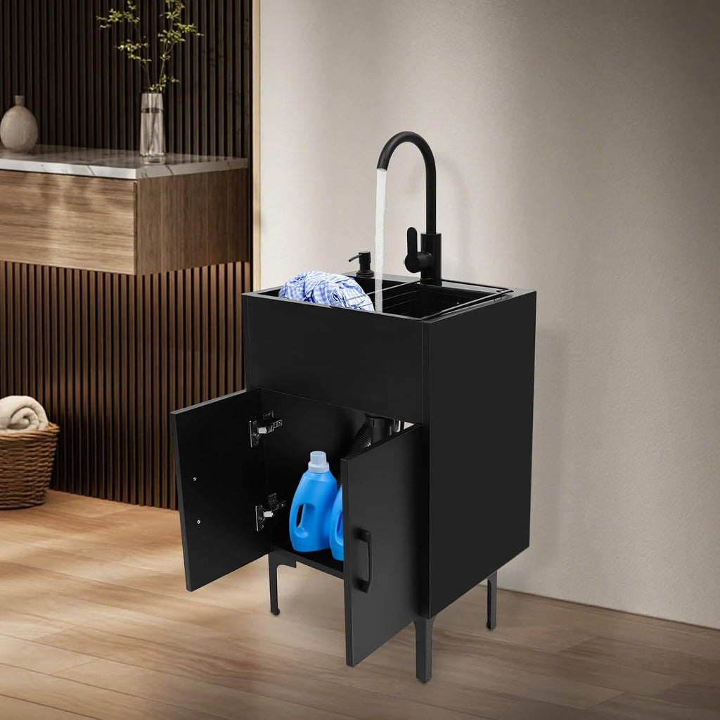 20-Inch Laundry Sink with Cabinet & 360° Swivel Hot/Cold Fauce, Freestanding Kitchen Sink Cabinet with Stainless Steel Sink & Drain Basket, Black Cabinet with Sink for Laundry & Utility Room