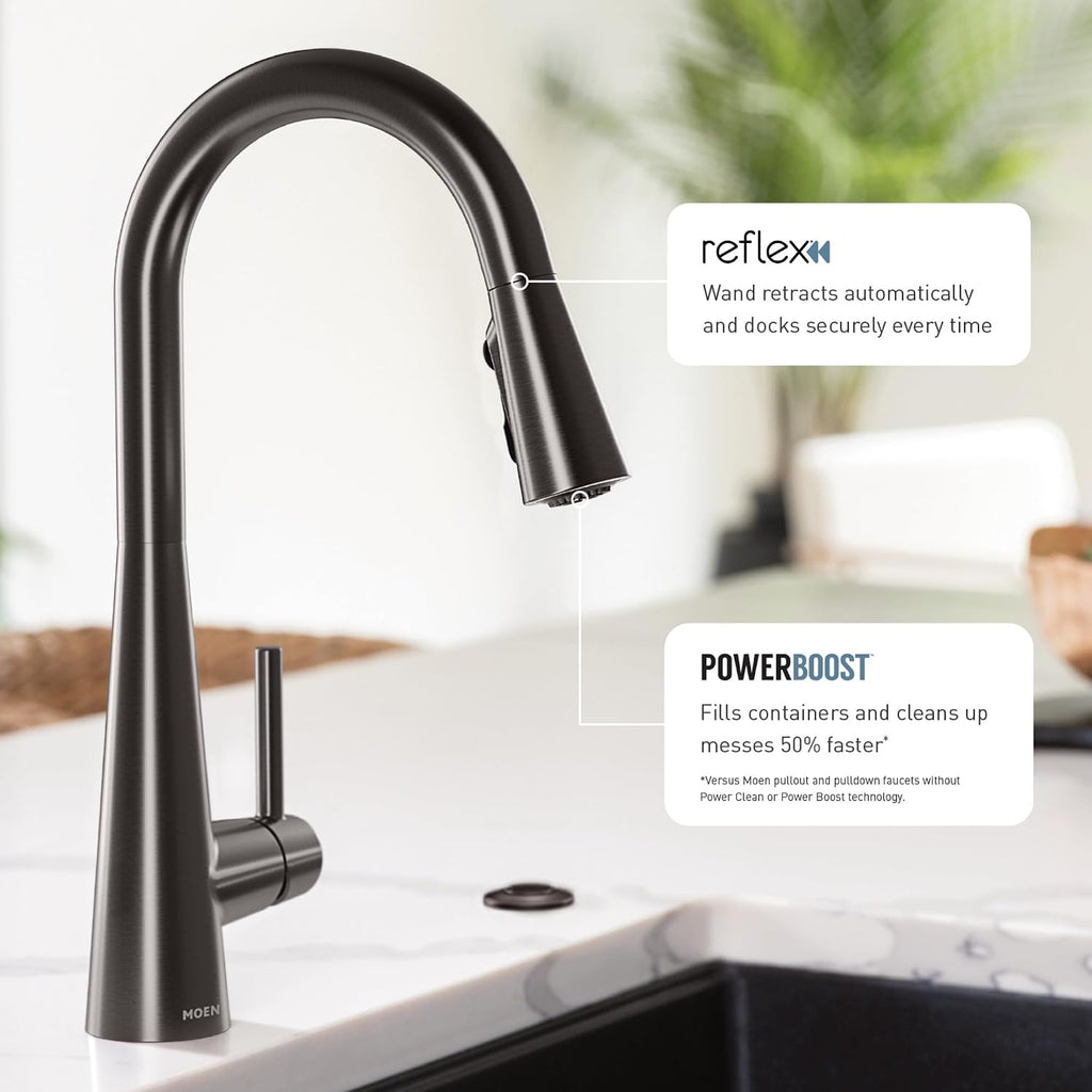 Moen Sleek Black Stainless One-Handle, Single-Hole Pulldown Kitchen Faucet with PowerBoost Technology for Faster Water Flow, 7864BLS