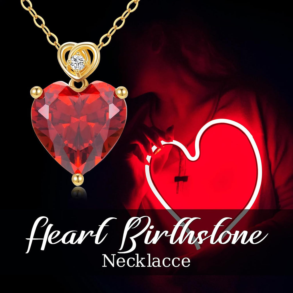 14k Gold Love Heart Gemstone Birthstone Necklaces for Women 3 Carat Heart-cut Created Birthstone Anniversary Birthday Mother's Day Pendant for Her 16+1+1 inch