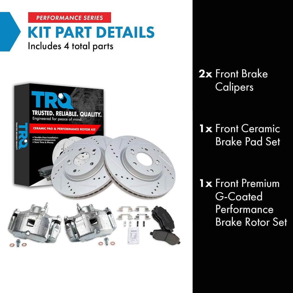 TRQ Performance Front Brake Pad and Rotor Set Ceramic Coated Drilled Slotted Rotors Calipers Compatible with 2008-2011 Mitsubishi Lancer 2007-2017 Outlander 2011-2016 Outlander Sport