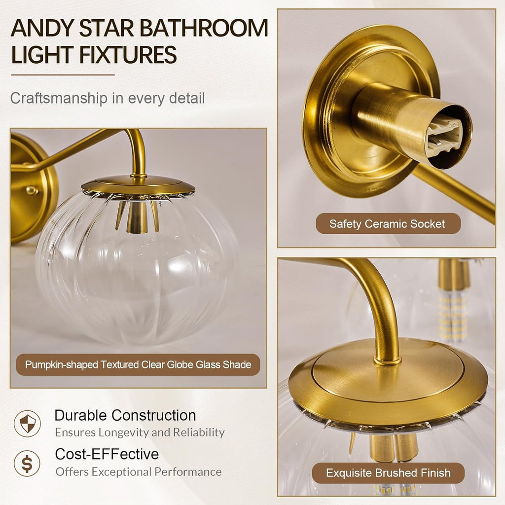 ANDY STAR Bathroom Vanity Light 4 Light, Brushed Gold Bathroom Light Fixtures with Clear Pumpkin-Ribbed Glass Globe Shade, Brass Vintage Striped Wall Lights for Vanity, G9 Base (No Bulbs)