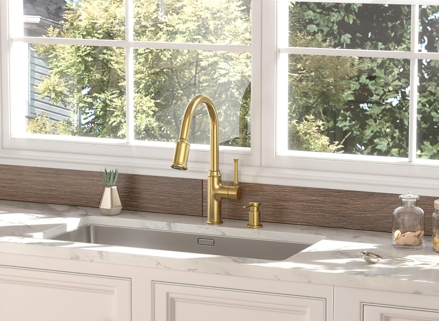 Lava Odoro Bronze Gold Kitchen Faucet with Pull Down Sprayer, Brushed Brass Kitchen Sink Faucet, Single Hole Kitchen Faucet with 3-Function Sprayer, Deck Plate Included, Spot-Free, 1.8 GPM, KF421-BB