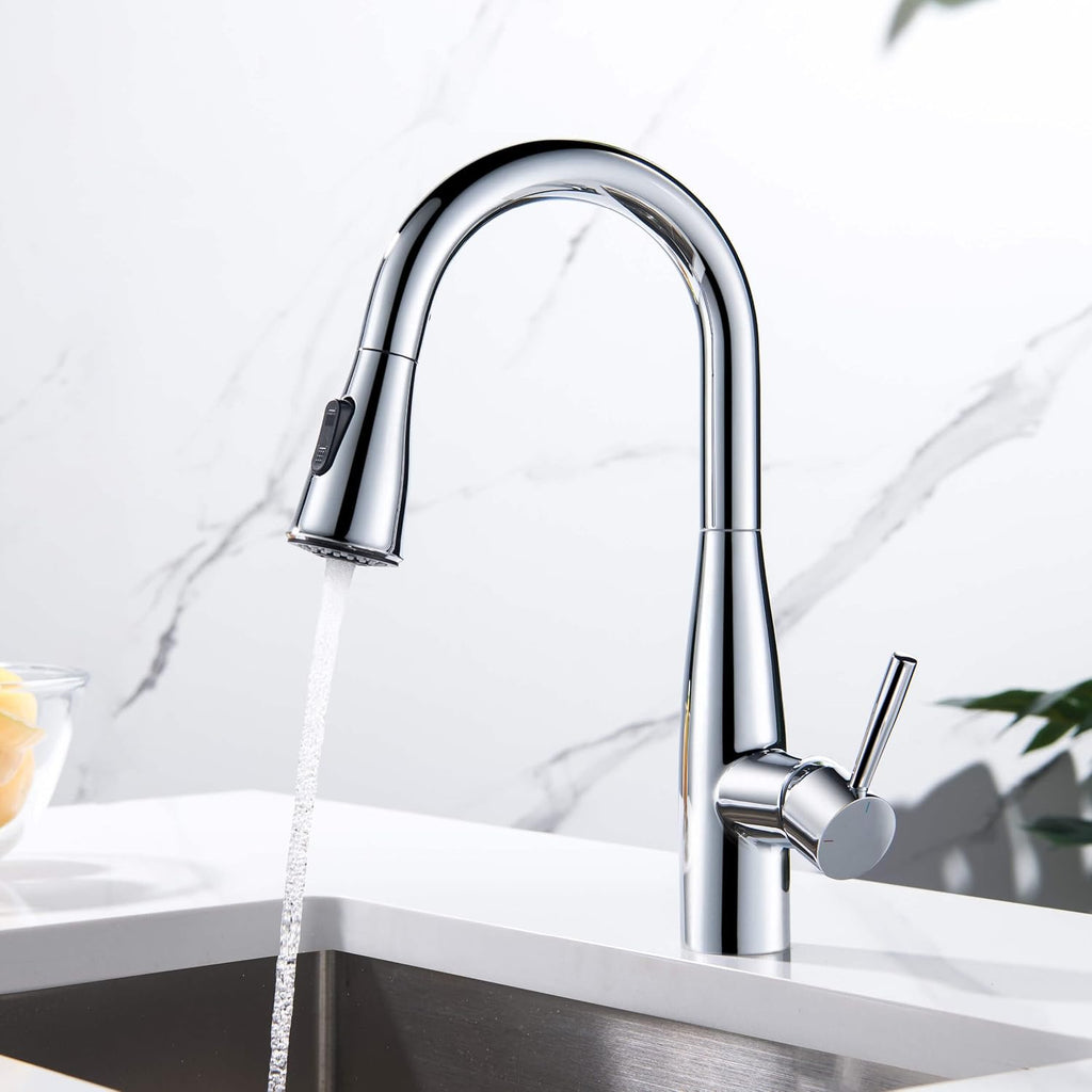 KIBI Bari Chrome Finish Single Handle Pull Down Kitchen and Bar Sink Faucet | Solid Brass High Arc Spout, 360 Degree Swivel, Durable Pull Down Sprayer with Dual Function (KKF2015CH)
