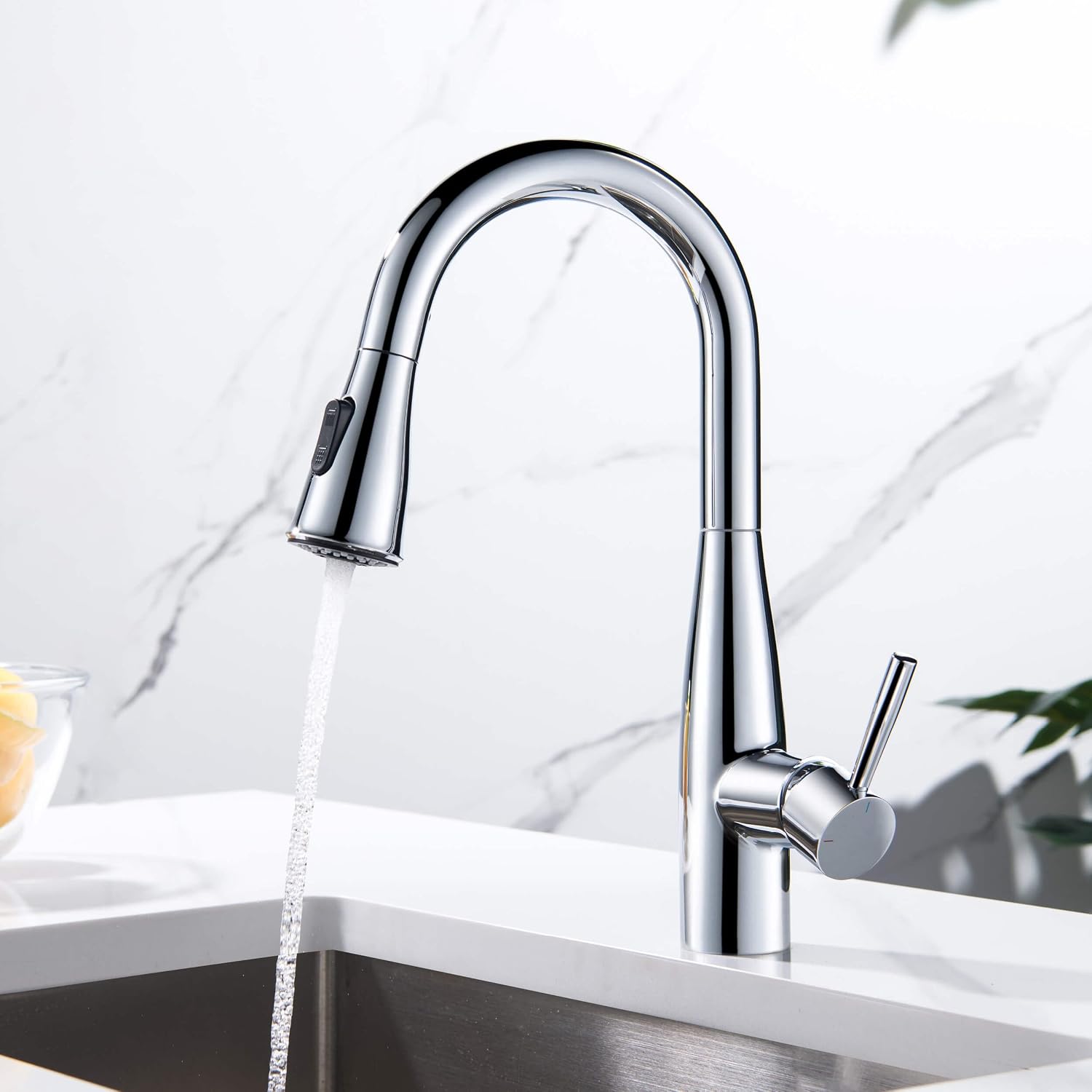 KIBI Bari Chrome Finish Single Handle Pull Down Kitchen and Bar Sink Faucet | Solid Brass High Arc Spout, 360 Degree Swivel, Durable Pull Down Sprayer with Dual Function (KKF2015CH)