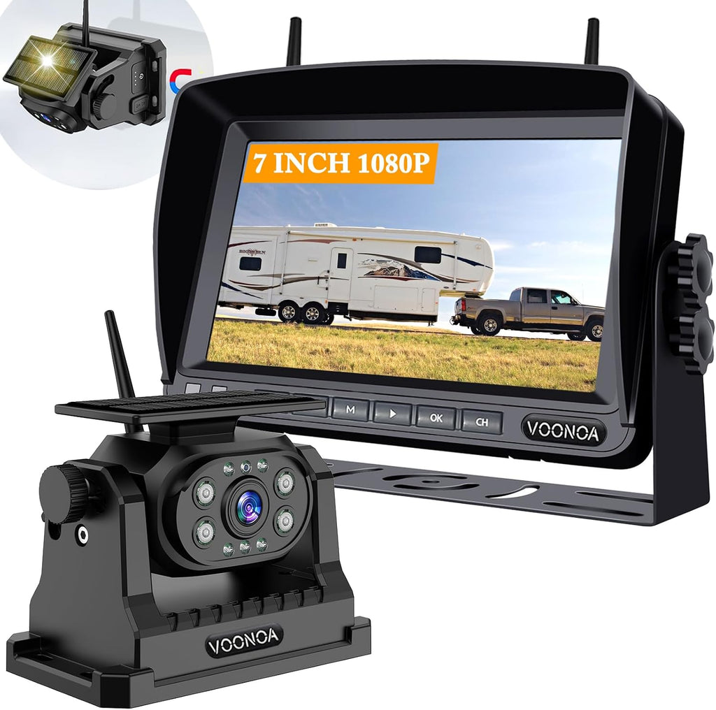 Wireless Magnetic Backup Camera, 15000mAh Battery Powered Rechargeable Waterproof HD Solar Back Up Rear View Bluetooth Hitch Camera with 7 Inch 1080P Monitor System for Car Truck Trailer RV VN003