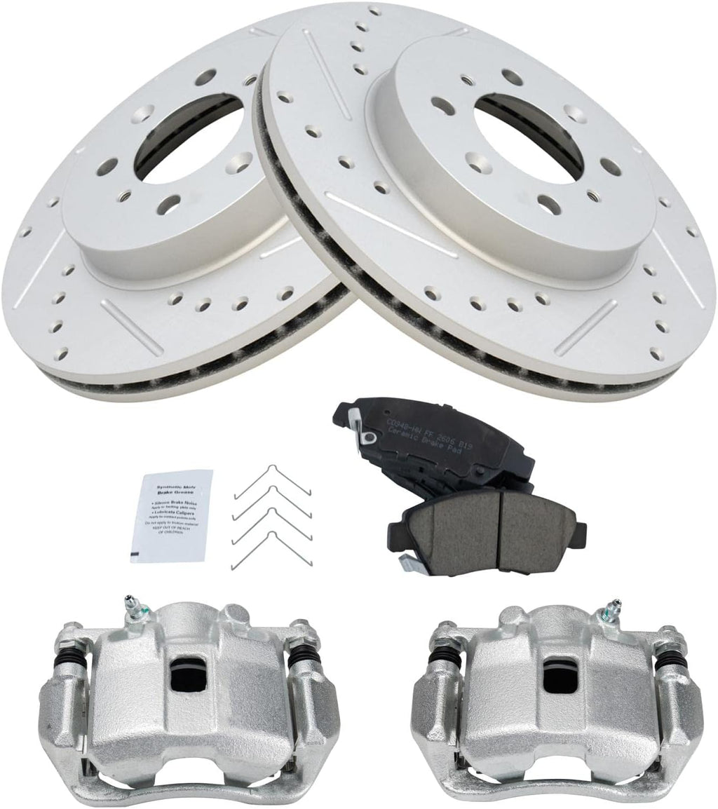 TRQ Performance Front Ceramic Brake Pad and Rotor Set Includes Calipers Coated Drilled Slotted Compatible with 2009-2012 Honda Fit 2013 Base 2013 Sport
