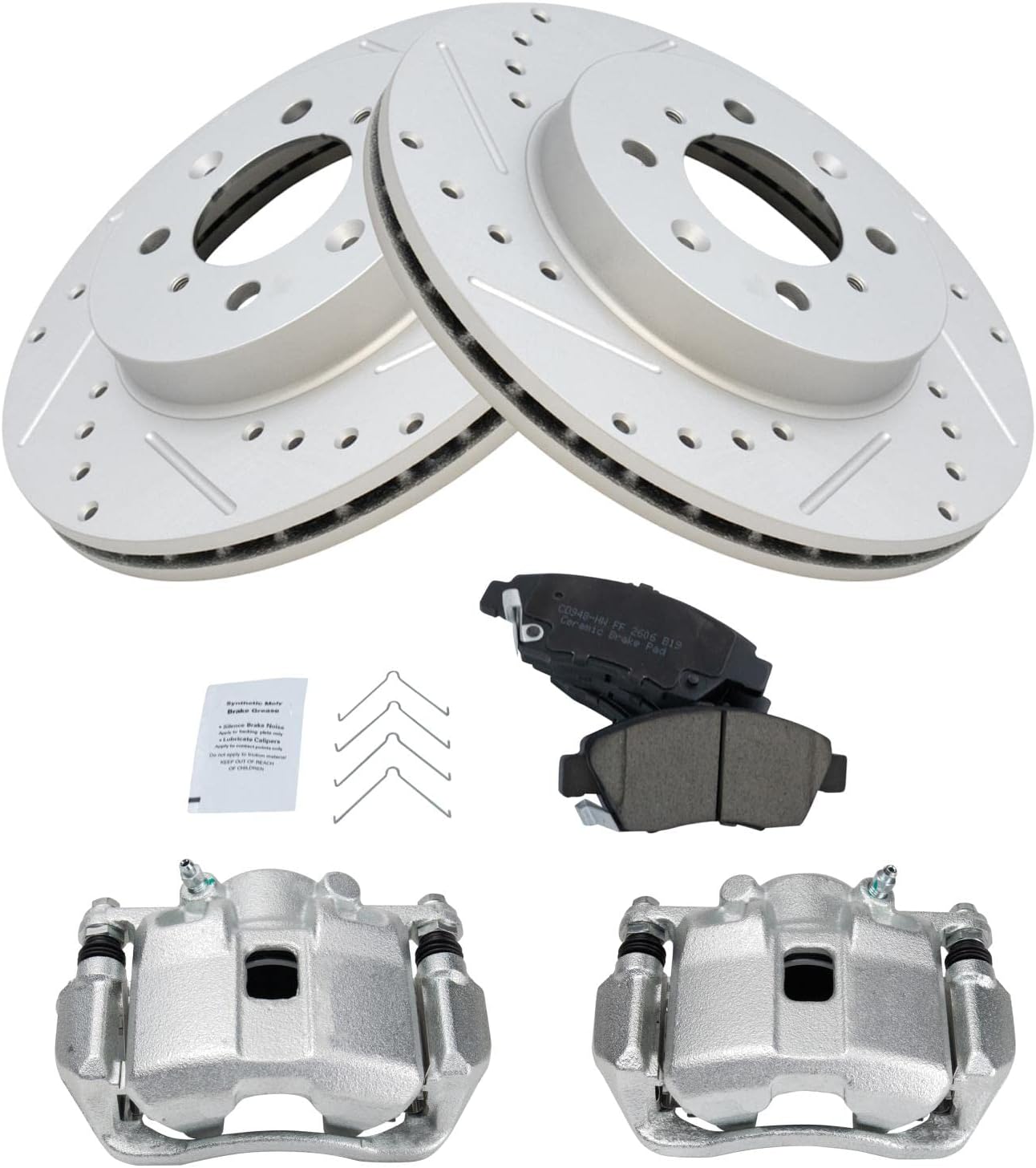 TRQ Performance Front Ceramic Brake Pad and Rotor Set Includes Calipers Coated Drilled Slotted Compatible with 2009-2012 Honda Fit 2013 Base 2013 Sport