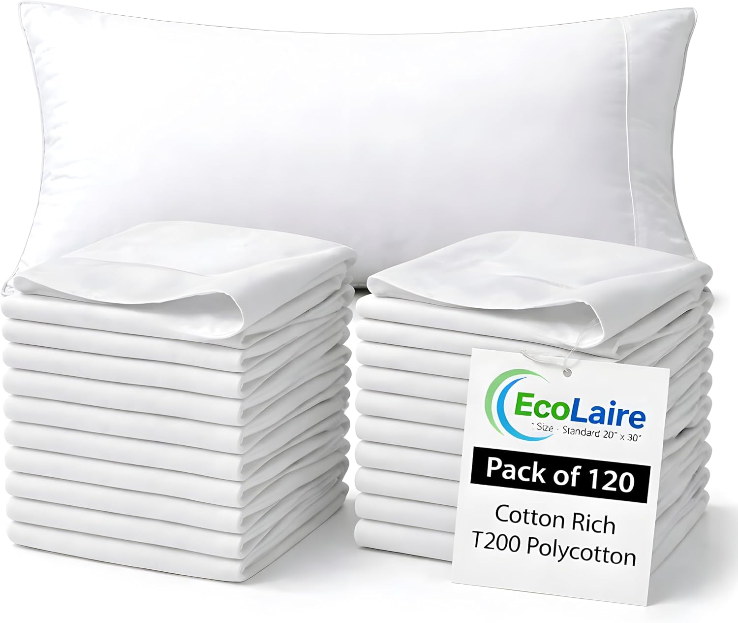 EcoLaire Pillow Covers - Pillowcases Standard Size, Pack of 120 - Cotton Rich T200 Polycotton - Bulk Pillows Cases - 20' x 30' (Fits 20'x 28' Pillows) for Home, Hotels, Hospitals, Rentals,Crafting