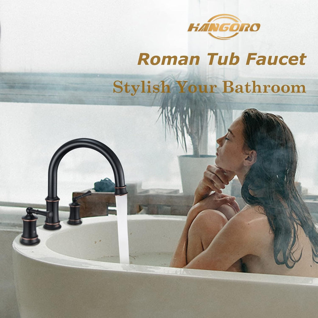 Oil Rubbed Bronze Roman Tub Faucet, Antique Bathtub Faucet Set 3 Hole, High Flow Bath Tub Faucet 12-16 inch Widespread, Solid Brass Tub Filler 2 Handle 360° Swivel Spout Rough-in Valve(B2307-ORB)