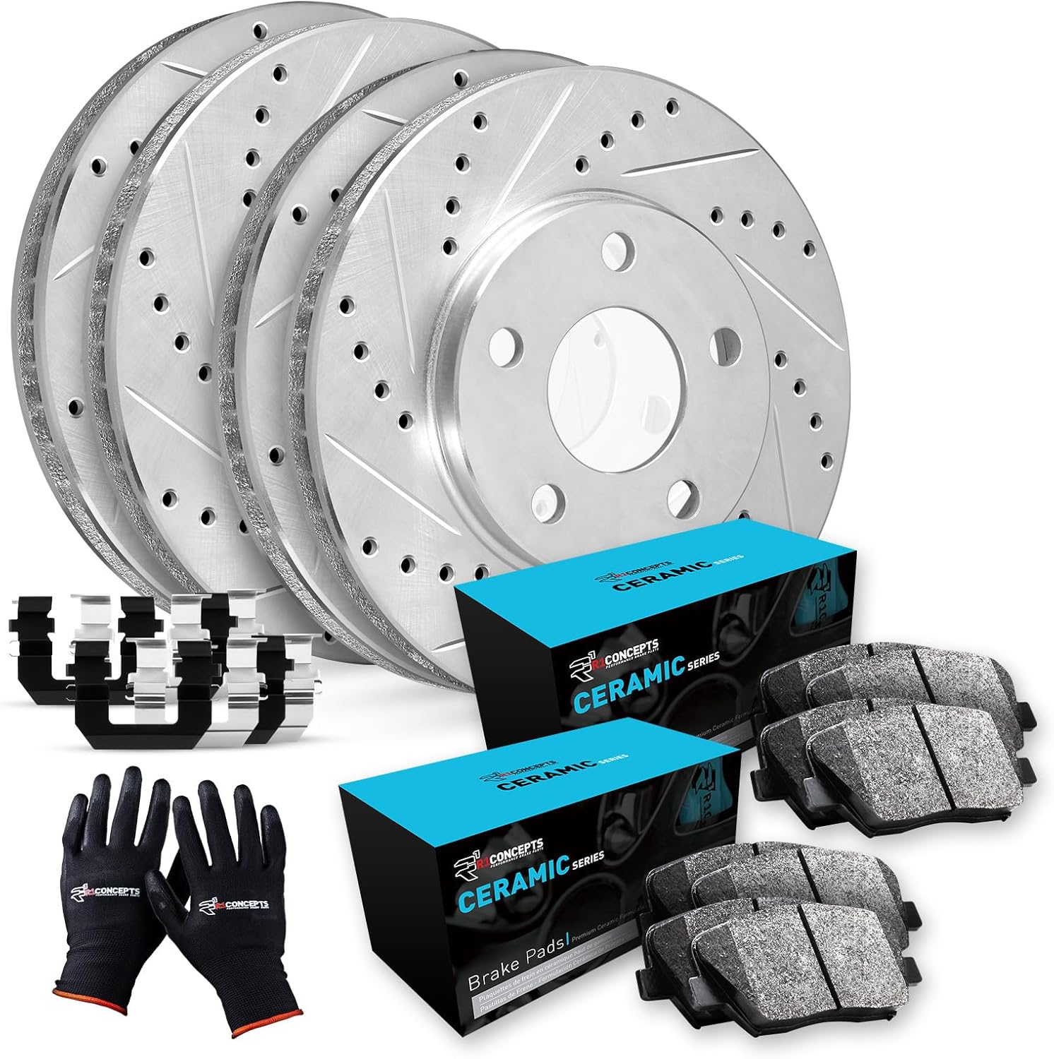 R1 Concepts Front and Rear Brake Kit Fits 2015-2021 Mercedes-Benz C300| Ceramic Pads, Drilled Slotted Rotors| Hardware, Sensor Wire| 13.0' Front & 11.8' Rear