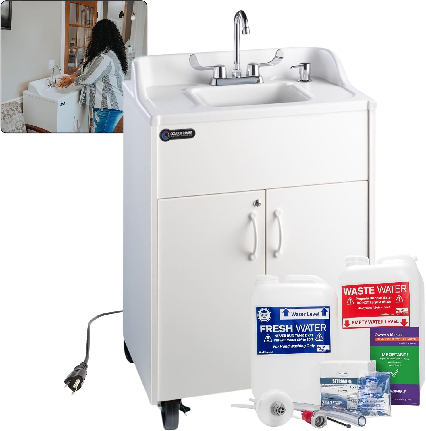 Ozark River Portable Sinks Premier White & Clean Start Kit Bundle, White Laminate-ABS, Portable Sink with Hot Water, Self-Contained Sink, Portable Hand Washing Station, 110V