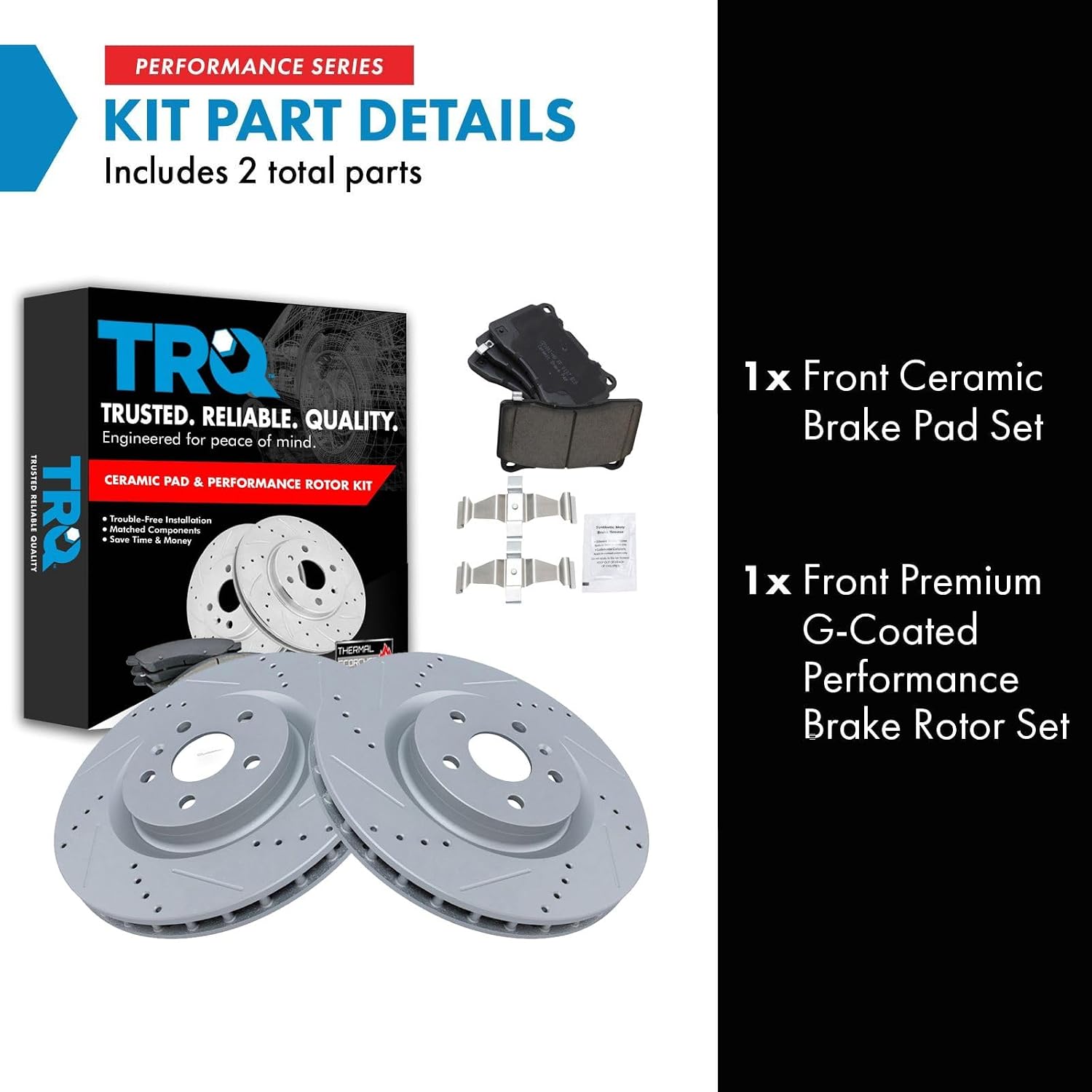 TRQ Performance Front Brake Pad and Rotor Set Ceramic Coated Drilled Slotted Vented Rotors Compatible with 2012-2013 Buick Regal 2009 Pontiac G8