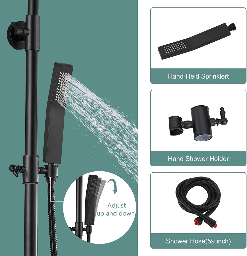 Heyalan Matte Black Exposed Shower System 2 Functional Bathroom Shower Set 8 Inch Square Rainfall Shower Head with Hand Sprayer Wall Mounted