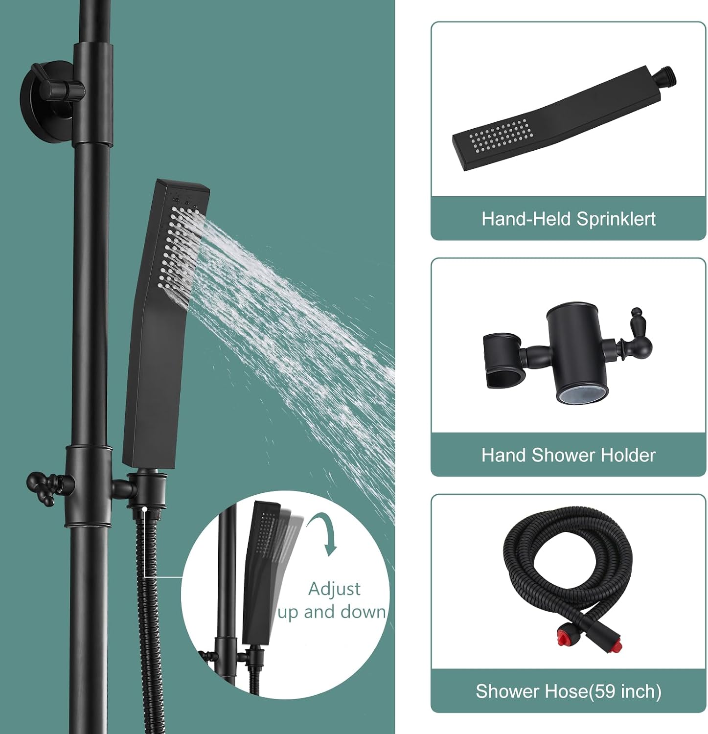 Heyalan Matte Black Exposed Shower System 2 Functional Bathroom Shower Set 8 Inch Square Rainfall Shower Head with Hand Sprayer Wall Mounted