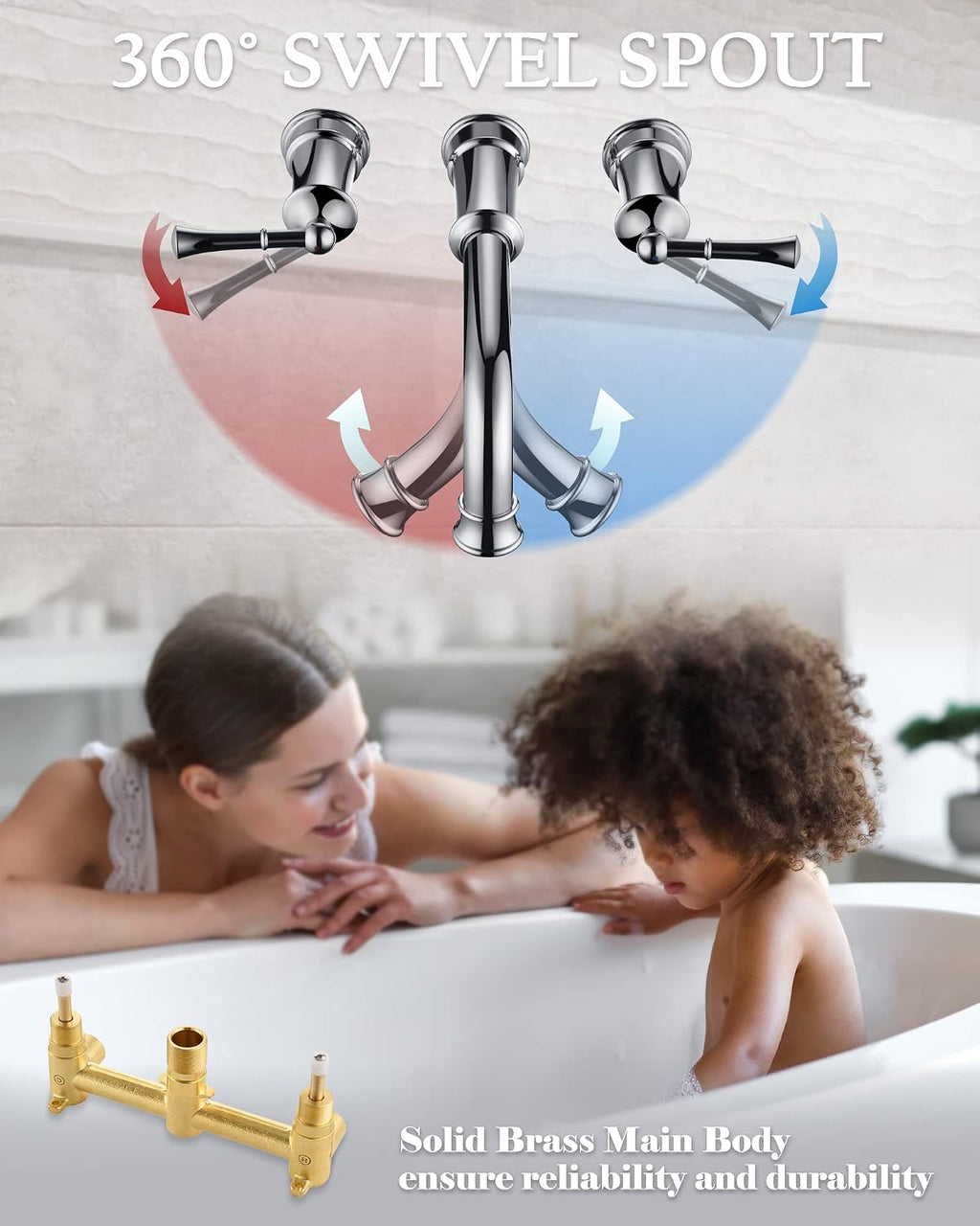 High Flow Wall Mount Tub Filler with Rough-in Valve, Brass Roman Tub Faucet 2 Handle Bathtub Faucet 360° Swivel Spout, Polished Chrome(B2306-CP)