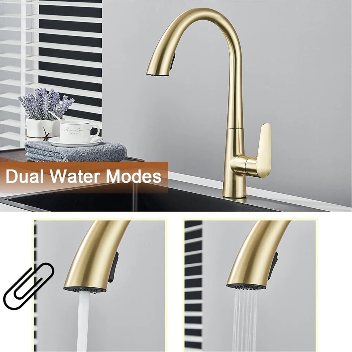 Kitchen Faucet Flexible Pull Out Mixer Tap Deck Mounted 360 Swivel 2 Mode Hot Cold Water Faucets(Brushed Gold)