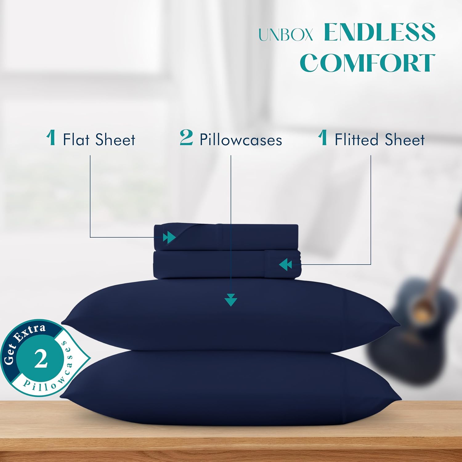 XOOX Linen 100% Egyptian Cotton Sheets King Size - 1200 Thread Count King Size Sheets Set Egyptian Cotton, 4 PC Luxury Bedsheet (Navy Blue), Soft, Cooling, 17' Deep Pocket Sateen Weave Bedsheet Set