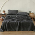 Simple&Opulence 100% Pure Linen Sheet Set Queen Size, Natural French Flax Solid Color 4 Pcs Washed Breathable, Farmhouse Bedding (1 Flat Sheet,1 Fitted Sheet,2 Pillowcases)-Embroidery Dark Grey