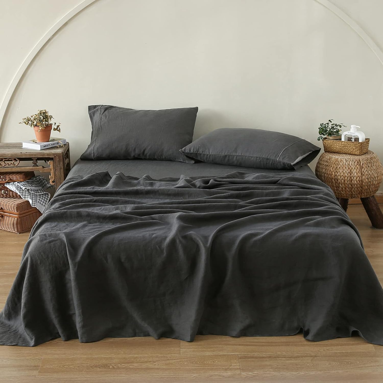 Simple&Opulence 100% Pure Linen Sheet Set Queen Size, Natural French Flax Solid Color 4 Pcs Washed Breathable, Farmhouse Bedding (1 Flat Sheet,1 Fitted Sheet,2 Pillowcases)-Embroidery Dark Grey