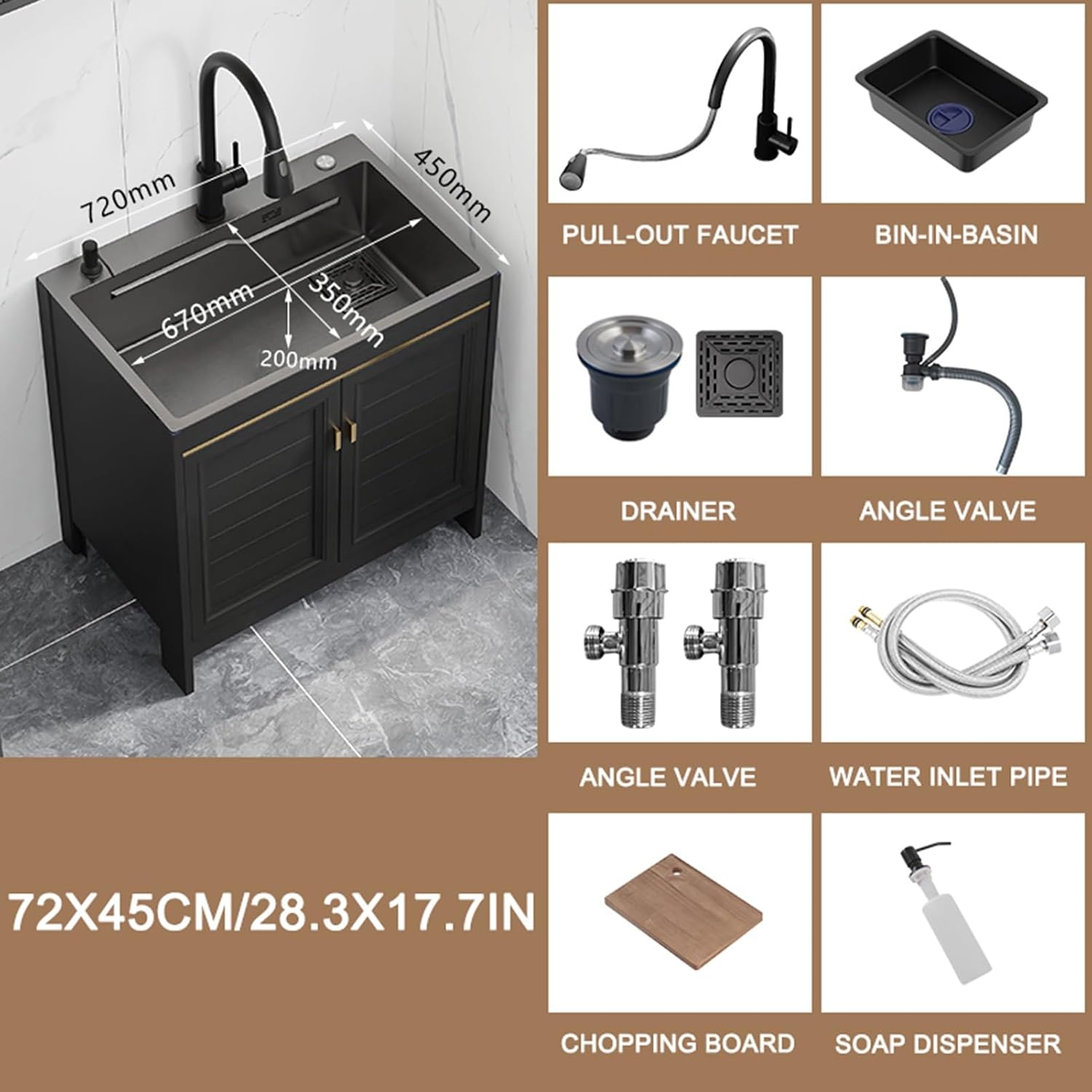 Black Kitchen Sink With Faucet, Hot & Cold Water, Soap Dispenser, Freestanding Cabinet For Living Room, Kitchen, Office, Space-Saving Design-72x45cm/28.3x17.7in