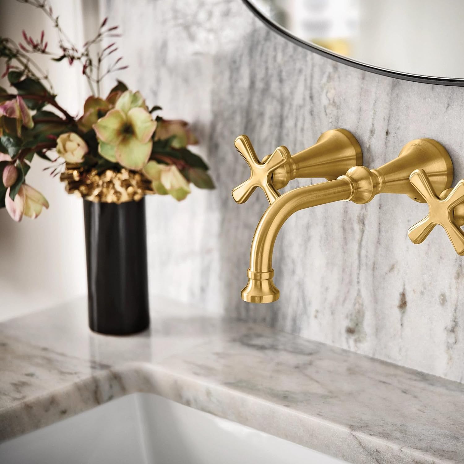Moen Colinet Brushed Gold Traditional Cross Handle Wall Mount Bathroom Faucet Trim, Valve Required, TS44105BG