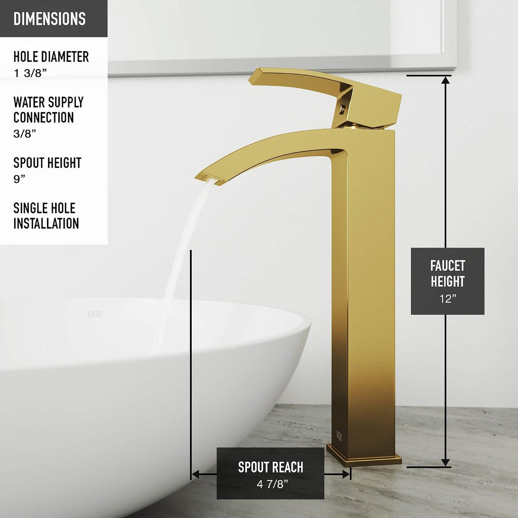 VIGO Duris Waterfall Single-Handle Single-Hole Mount Vessel Bathroom Sink Faucet, 12-Inch, Matte Brushed Gold, Modern Design, Solid Brass, 1.2 GPM WaterSense & Ceramic Disc Valve, Corrosion-Resistant