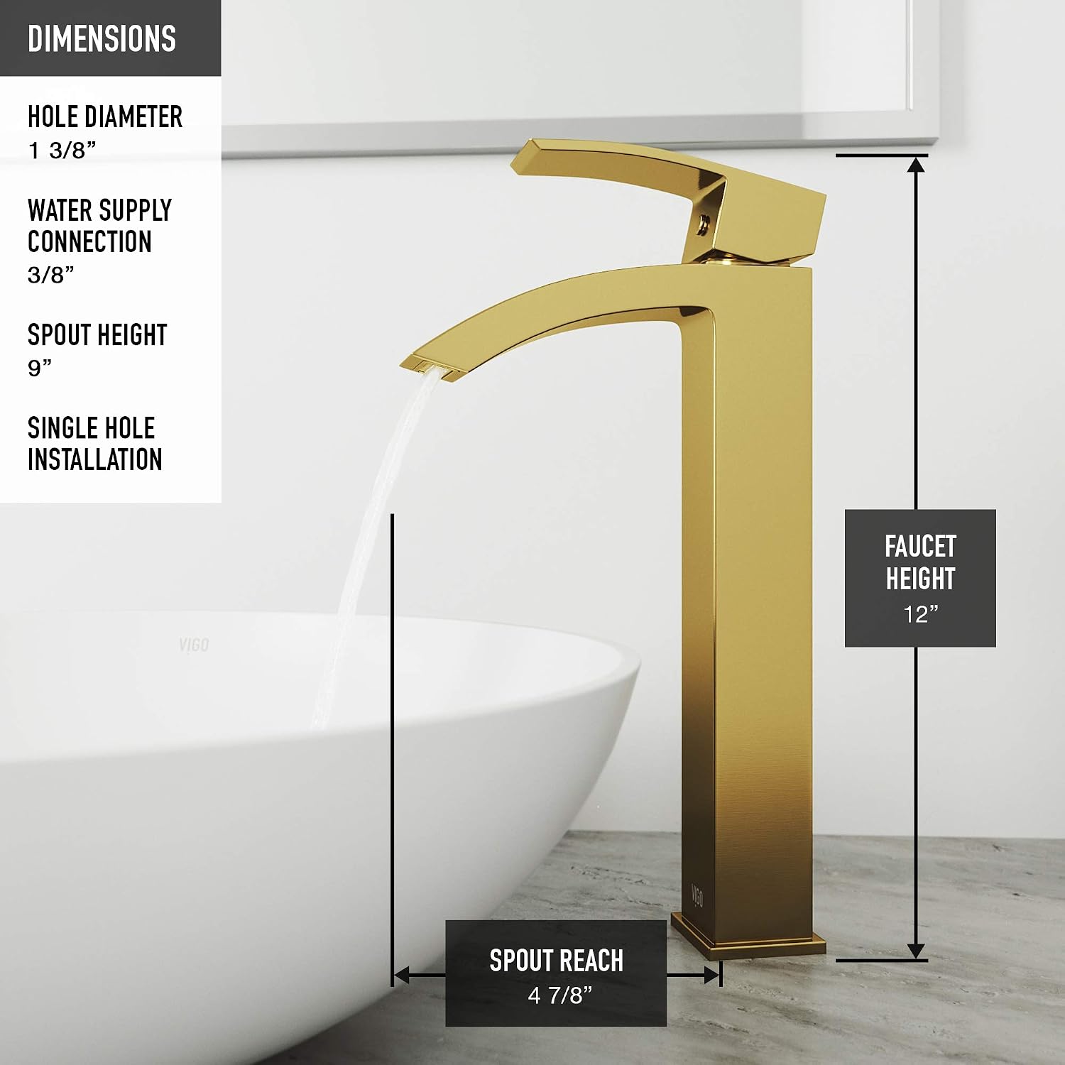 VIGO Duris Waterfall Single-Handle Single-Hole Mount Vessel Bathroom Sink Faucet, 12-Inch, Matte Brushed Gold, Modern Design, Solid Brass, 1.2 GPM WaterSense & Ceramic Disc Valve, Corrosion-Resistant