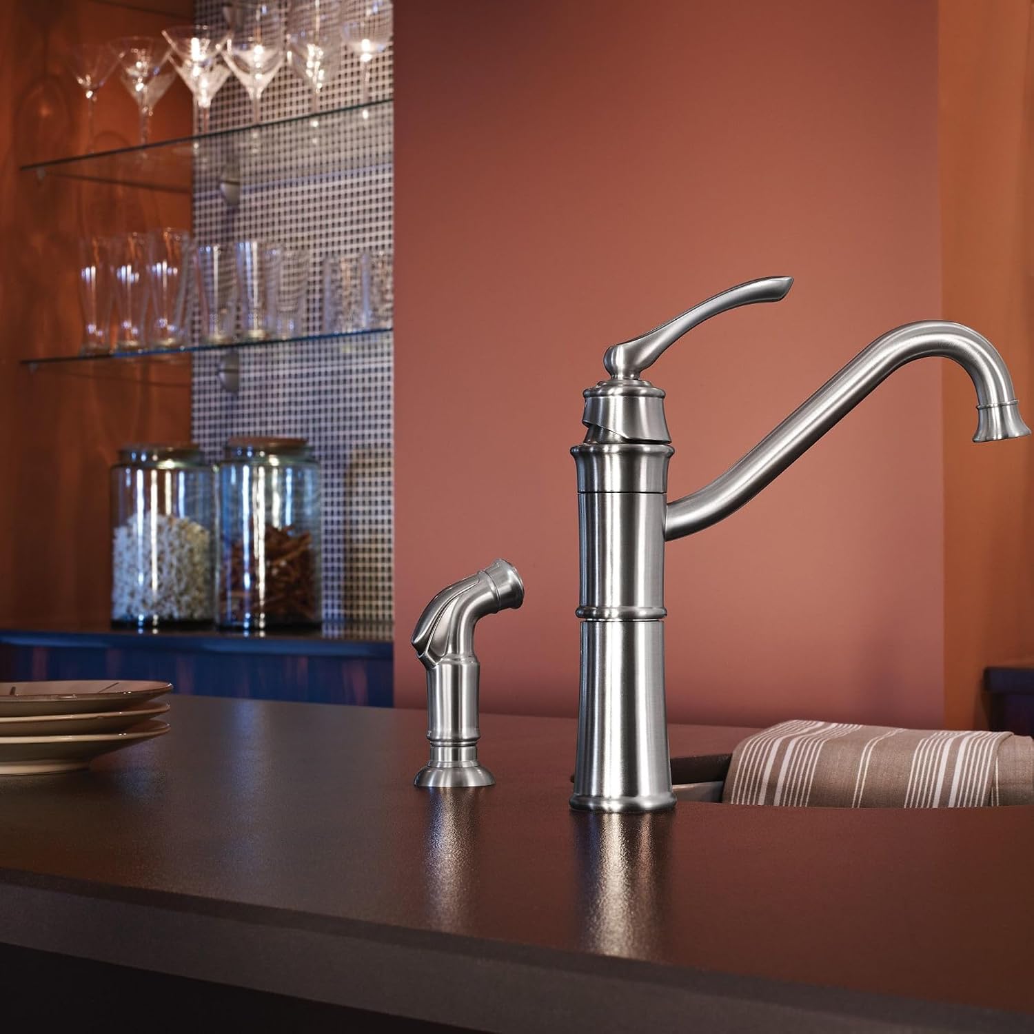Moen Wetherly Spot Resist Stainless High-Arc Kitchen Faucet with Side Spray, 87999SRS