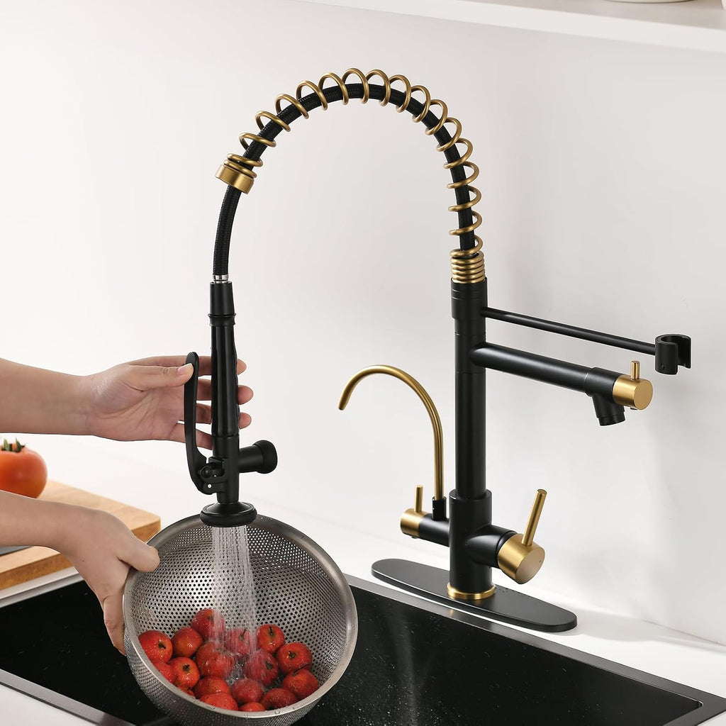 Fapully Commercial Kitchen Faucet with Pull Down Sprayer and Water Filter, Matte Black&Brushed Gold 3 in 1 Kitchen Faucets with Drinking Water Faucet for Kitchen Sink