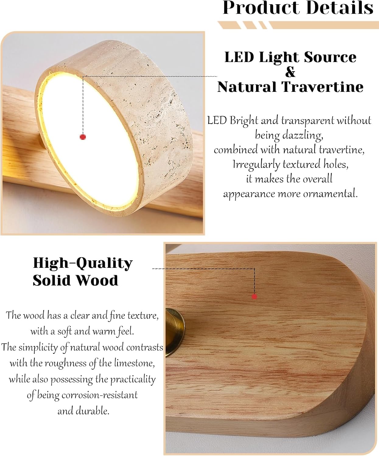 Natural Wood Vanity Light, 12.6 Inches Wabi Sabi Travertine Wall Sconce with 360° Rotatable Natural Stone Lampshade and Wooden Base Nordic Style Farmhouse Vanity Lights for Bathroom (2 Lights)