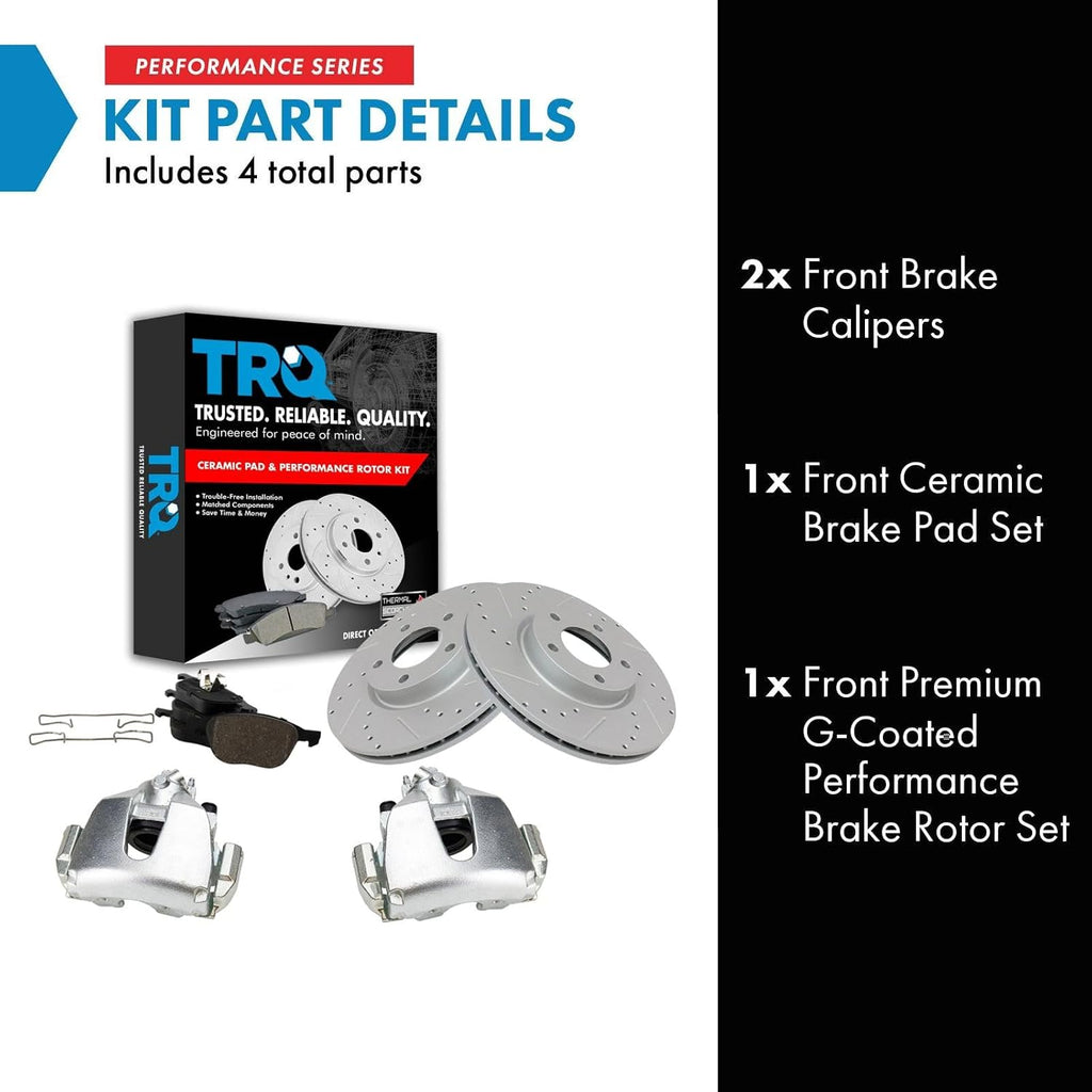 TRQ Performance Front Brake Pad and Rotor Set Ceramic Vented Coated Drilled Slotted Rotors Calipers Compatible with 2004-2007 Mazda 3 2006-2007 5