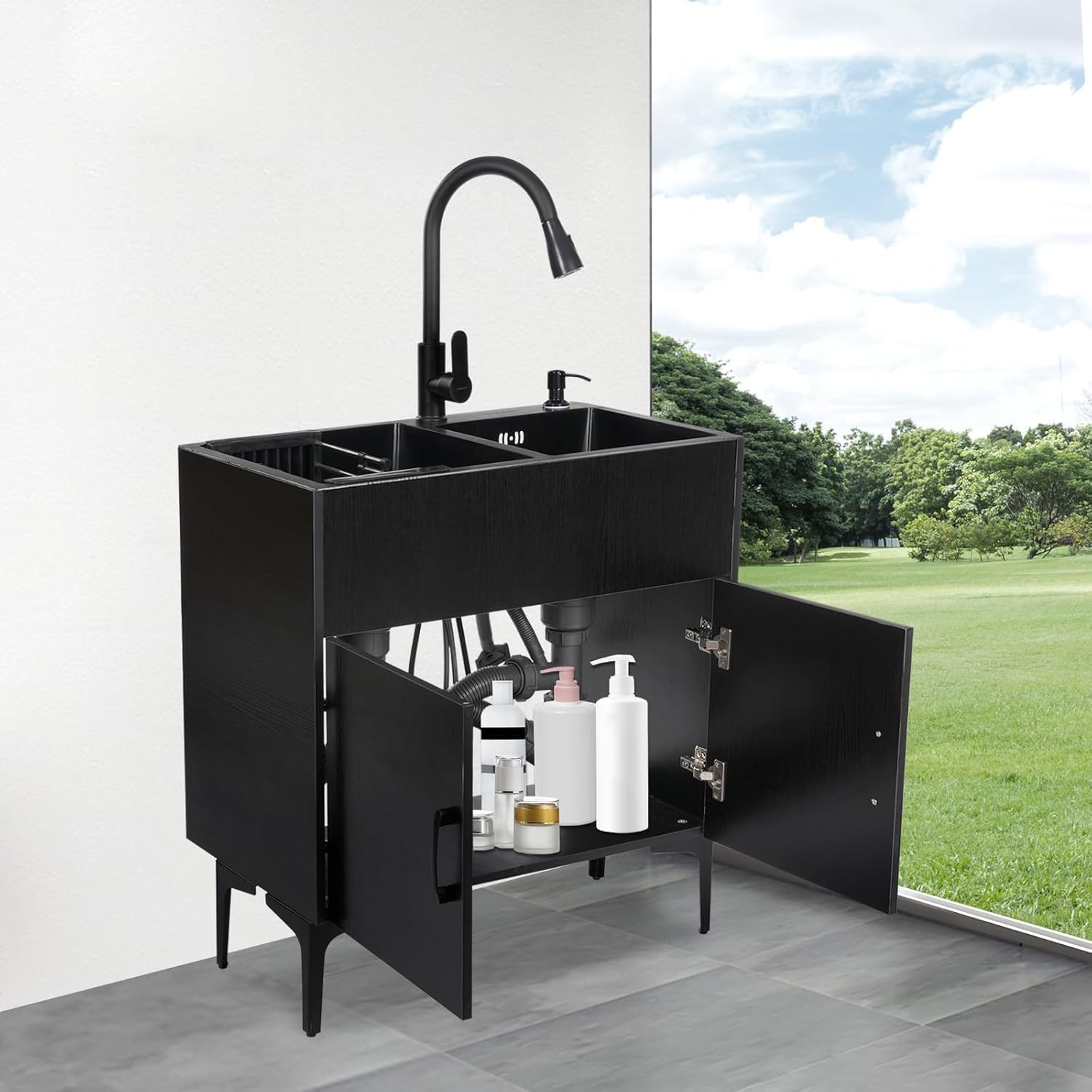 30-Inch Laundry Sink with Cabinet and Pull-Out Sprayer Fauce, Freestanding Kitchen Sink Cabinet w/Stainless Steel Double Sink & Draining Basket, Wash Station Tub for Laundry & Utility Room, Bathroom