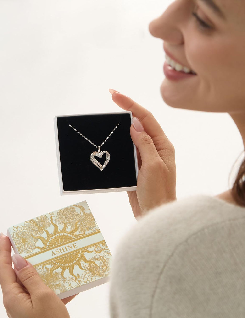 ASHINE Endless Love 1.6CT Moissanite Heart Necklace for Women, 925 Sterling Silver White Gold Plated, VVS1 Clarity Mixed-Cut Pendant