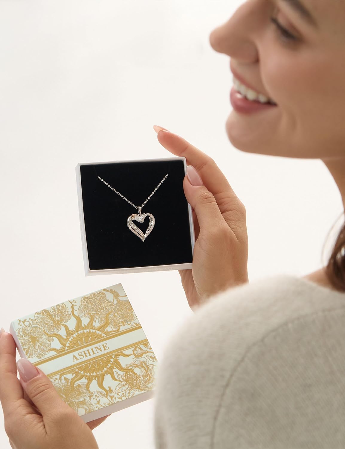 ASHINE Endless Love 1.6CT Moissanite Heart Necklace for Women, 925 Sterling Silver White Gold Plated, VVS1 Clarity Mixed-Cut Pendant