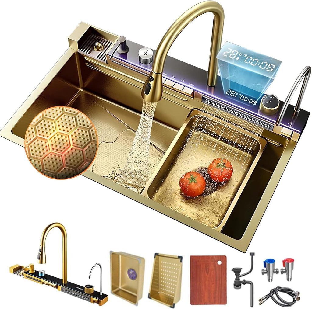 Kitchen Sink Deluxe Smart Waterfall Kitchen Sink Modern Multifunctional Stainless Steel Sink Utility Farmhouse Sink With integrated faucet, cup washer, soap dispenser included (Gold, 31.5 * 18in)