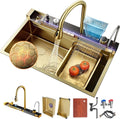 Kitchen Sink Deluxe Smart Waterfall Kitchen Sink Modern Multifunctional Stainless Steel Sink Utility Farmhouse Sink With integrated faucet, cup washer, soap dispenser included (Gold, 31.5 * 18in)