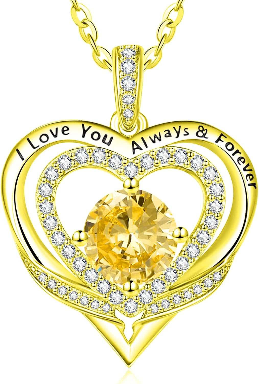 14K Gold Heart Necklaces for Women with Birthstone Pendant ，Double Hearts Necklace Jewelry Gift for Girlfriend Mom Anniversary Birthday Adjustable Chain 18' + 2' 'I Love You Always & Forever