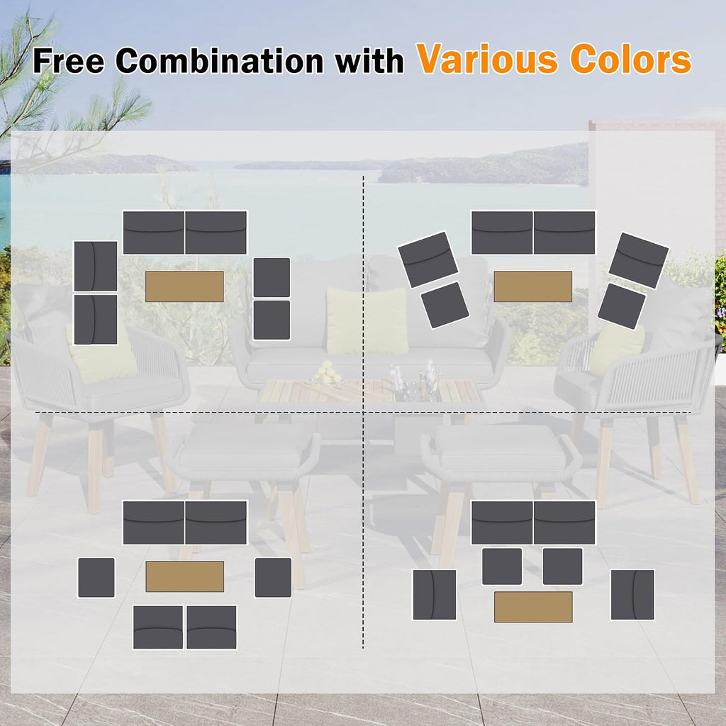 6-Piece Rope Patio Furniture Set, Outdoor Furniture with Acacia Wood Cool Bar Table with Ice Bucket, Deep Seat Patio Conversation Set with Two Stools for Backyard Porch Balcony (Grey-001)