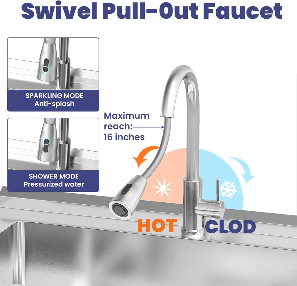 Stainless Steel Utility Sink, 30.8'' Free Standing Single Bowl Sink with Pull-Out Faucet & basket & Cold and Hot Water Pipe, Indoor and Outdoor Sink for Laundry Room, Garage, Kitchen, Silver