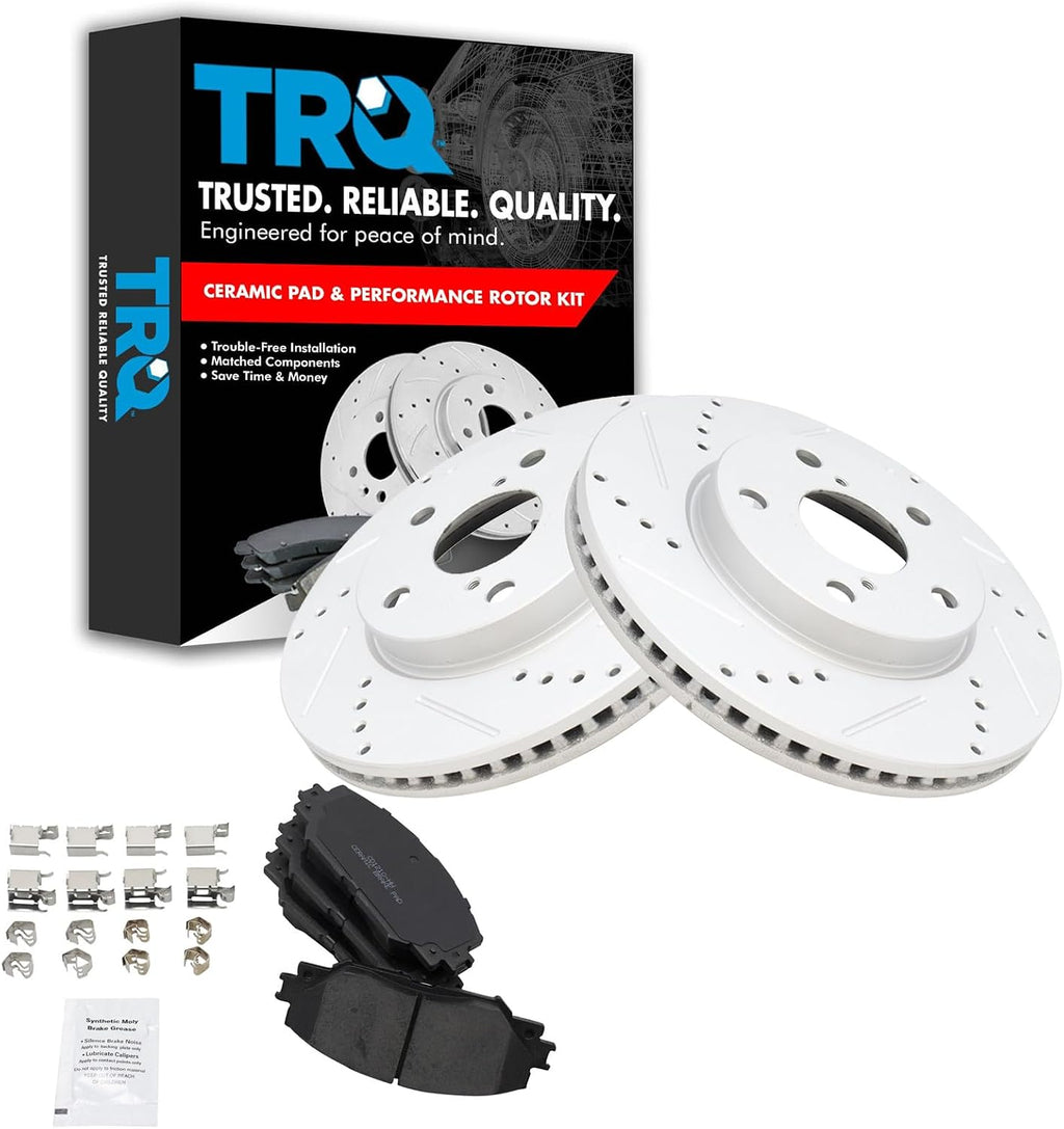 TRQ Performance Front Brake Pad and Rotor Set Ceramic Coated Drilled Slotted Vented Rotors Compatible with 2010-2012 Lexus HS250h 2008-2015 Scion xB 2012-2017 Toyota Prius V 2006-2018 Toyota RAV4