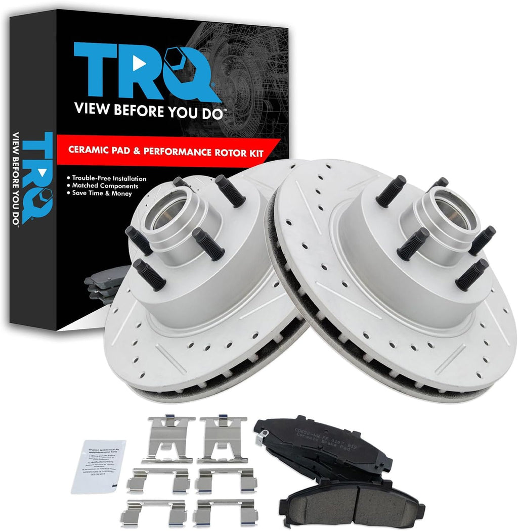 TRQ Performance Front Brake Pad and Rotor Set Ceramic Drilled Slotted Coated Rotors Compatible with 95-01 Ford Explorer 98-02 Ranger 97-01 Mercury Mountaineer 00-02 Mazda B2300 B2500 B3000 B4000