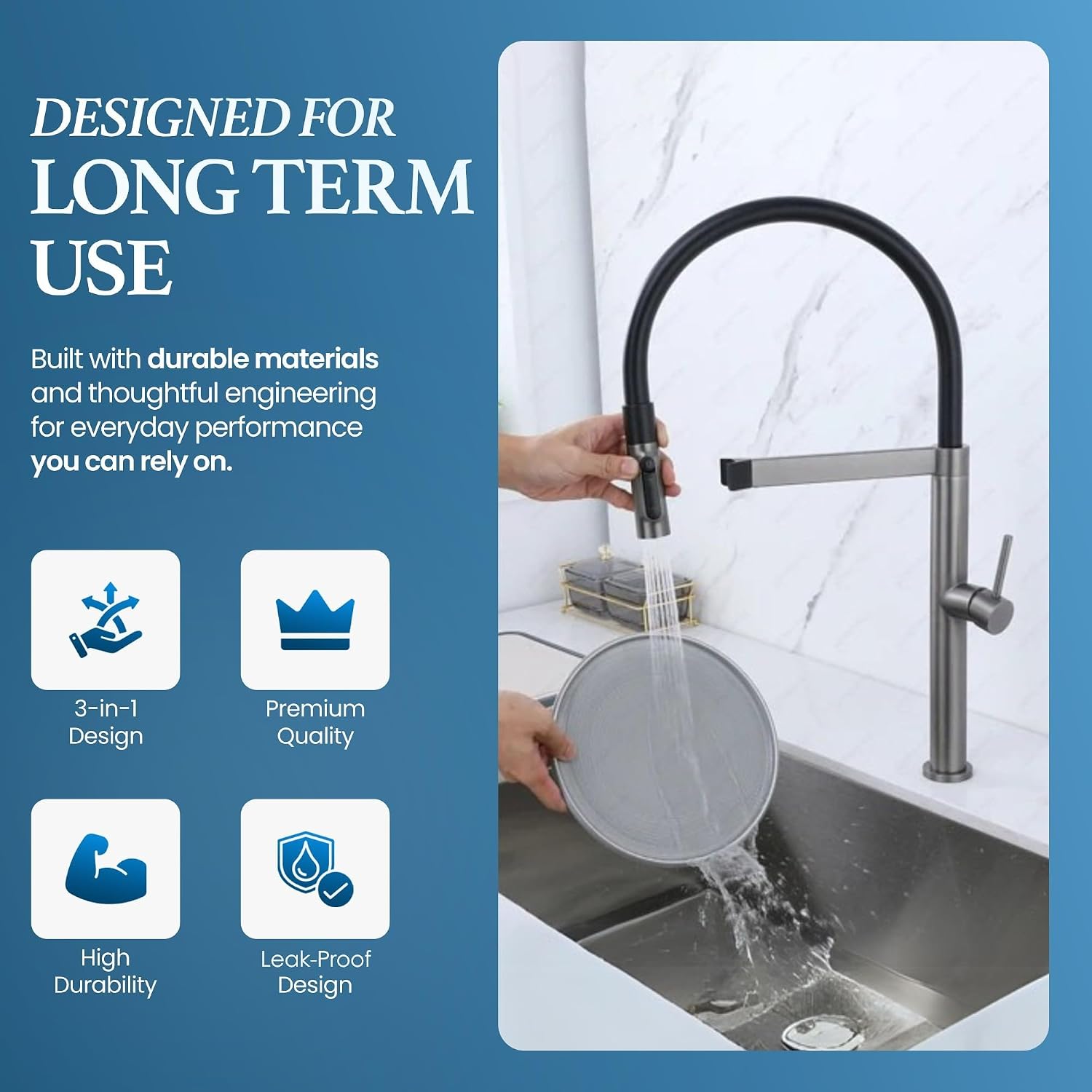 STiLWERK 3-in-1 Kitchen Sink Faucet with Pull-Out Sprayer, 3 Way Hot, Cold & Drinking Water Mixer, Magnetic Docking, Stainless Steel, Satin Stainless Finish