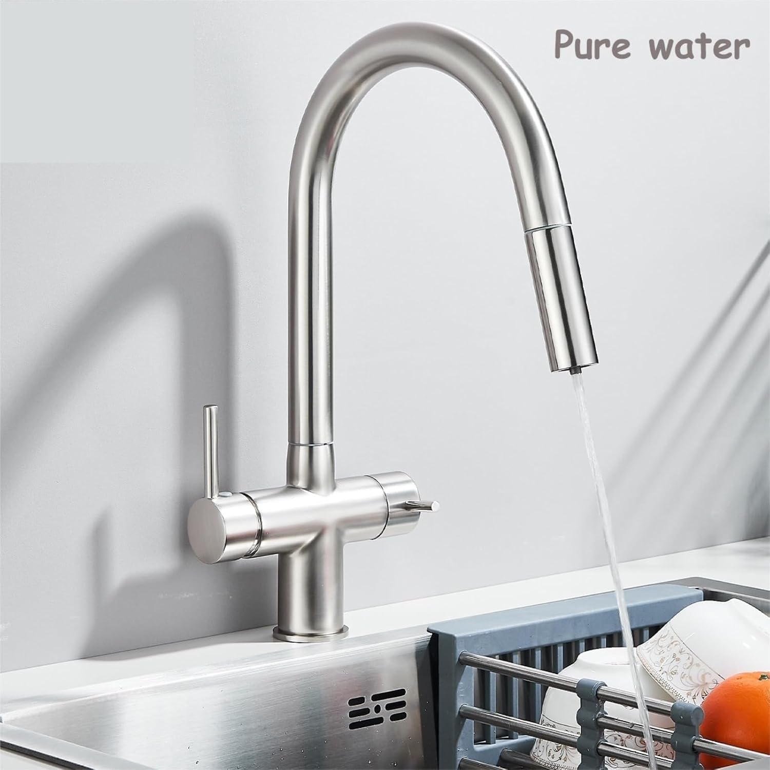 Kitchen Faucet Pure Water Pull Out 360 Rotation Hot and Cold Water Mixer Tap Dual Handle Deck Mounted Sink Crane(Brushed Nickel)