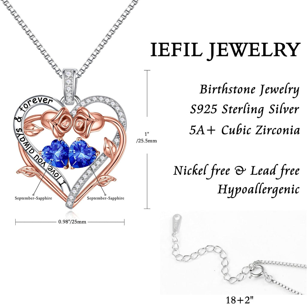 Iefil Rose Heart Double Birthstone Necklace Gifts for Wife Girlfriend Her Women, Birthstone Jewelry Gemstone Birthday Gifts for Mom Grandma Her Wife Women