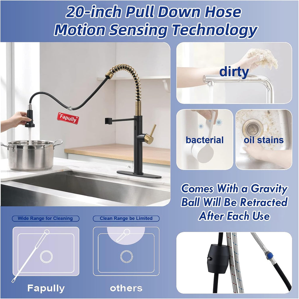 Fapully Touchless Kitchen Faucet with Pull Down Sprayer,Black and Gold Sensor Commercial Pull-Down Single Handle Kitchen Sink Faucet