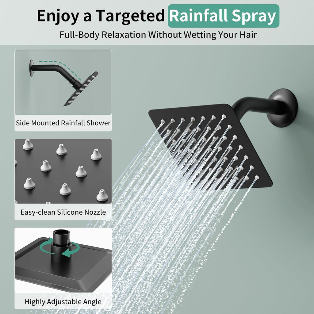 Shower Faucet Set Shower System - SR SUN RISE Matte Black Shower Trim Kit with Dual Shower Head, 10'' Ceiling Rainfall 6'' Wall Mount with Handheld Shower for Couples, Complete 6 Diverter Valve