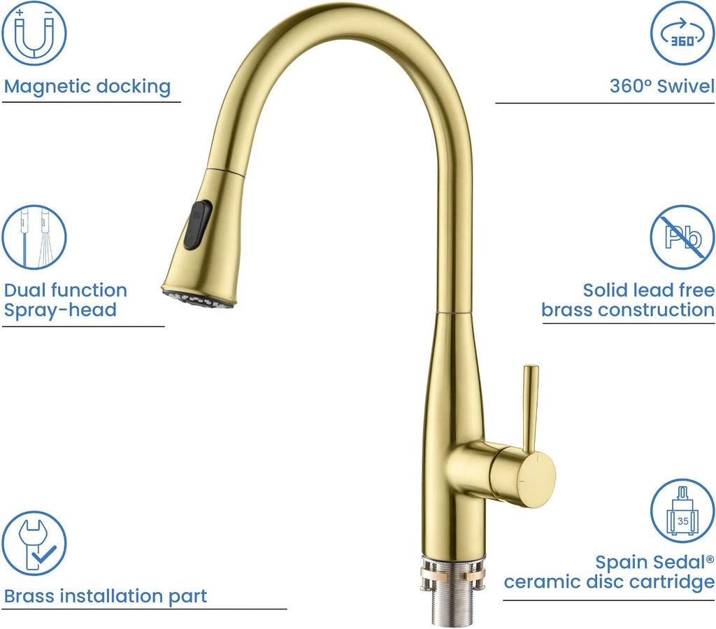 KIBI Bari-T Single Handle Pull Down Kitchen Faucet with High Arc Solid Brass Spout | 360-Degree Swivel, and Dual-Function Sprayer | Modern Pull Down Faucet for Kitchen Sink (Brushed Gold, KKF2016)