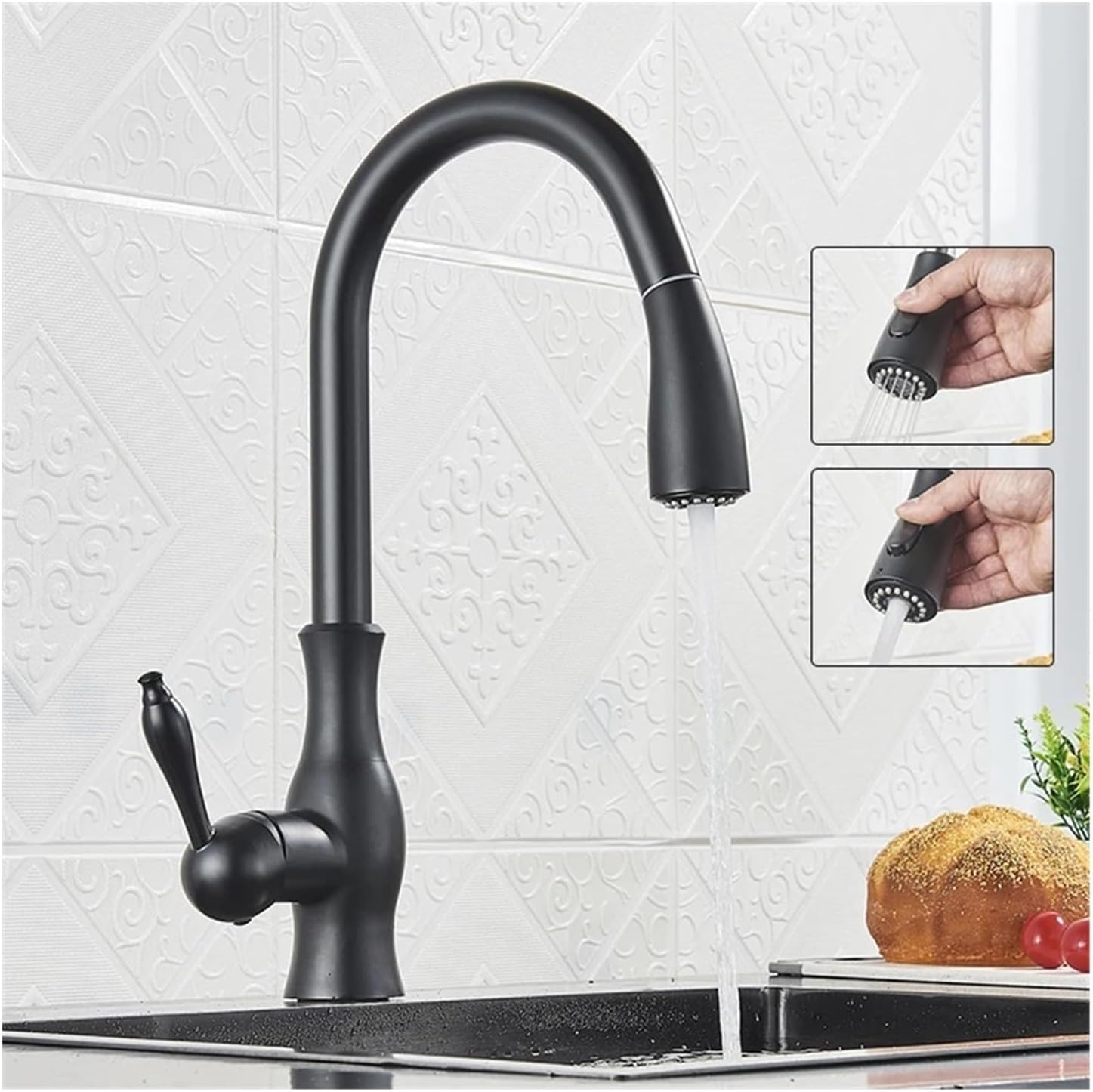 Pull Out Kitchen Faucet Shower/Stream Model Spout Tap Deck Mount Rotatable Single Handle Cold Hot Water Mixer(Matte Black)