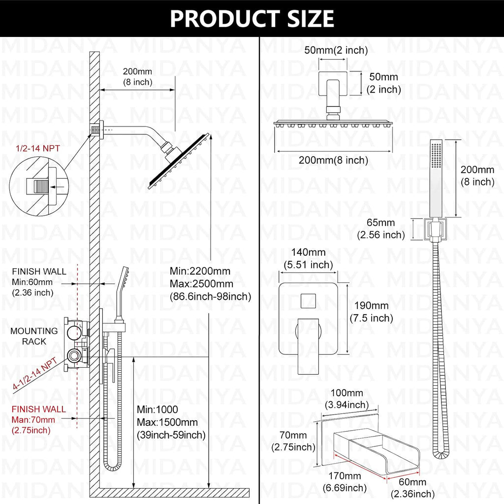 Midanya Rain Shower System Tub Shower Faucet Set Square Rainfall Waterfall Shower Head with Handheld Sprayer Tub Spout Combo Wall Mounted bathtub faucet set Rough-in Valve, 8 Inch Matte Black